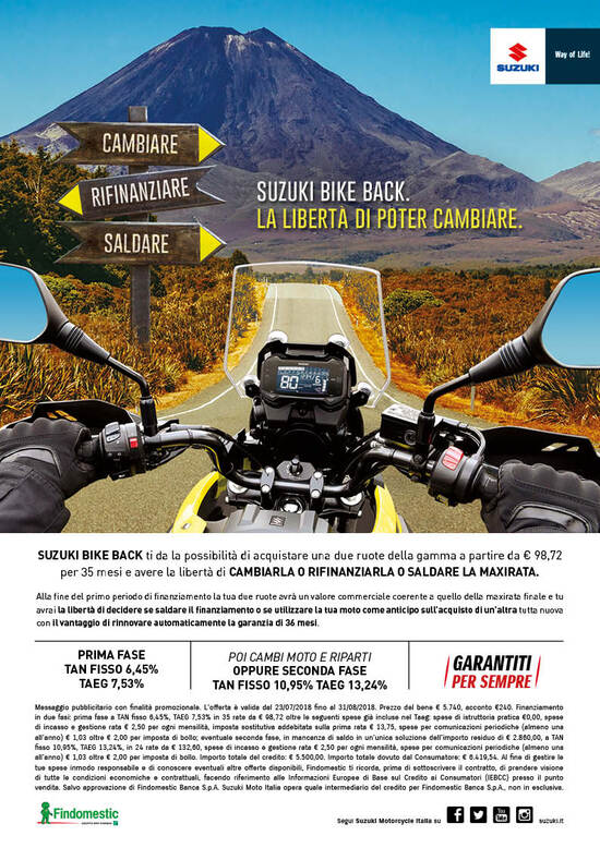 Suzuki Bike Back: finanziamenti ed estensioni garanzia Suzuki Bike Back: finanziamenti ed estensioni garanzia