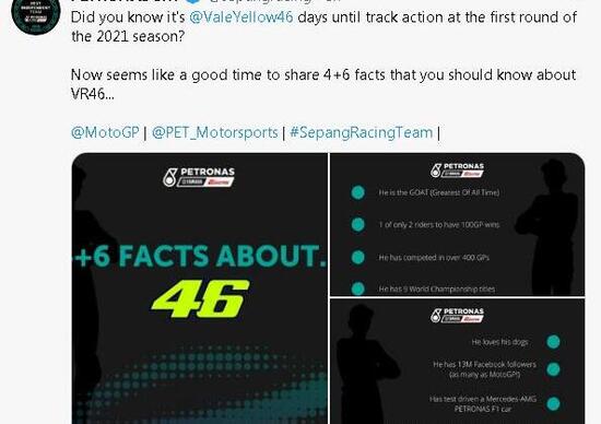MotoGP. Petronas: “Valentino Rossi è il più grande di tutti i tempi”. 4 + 6 ragioni sul 46 MotoGP. Petronas: “Valentino Rossi è il più grande di tutti i tempi”. 4 + 6 ragioni sul 46