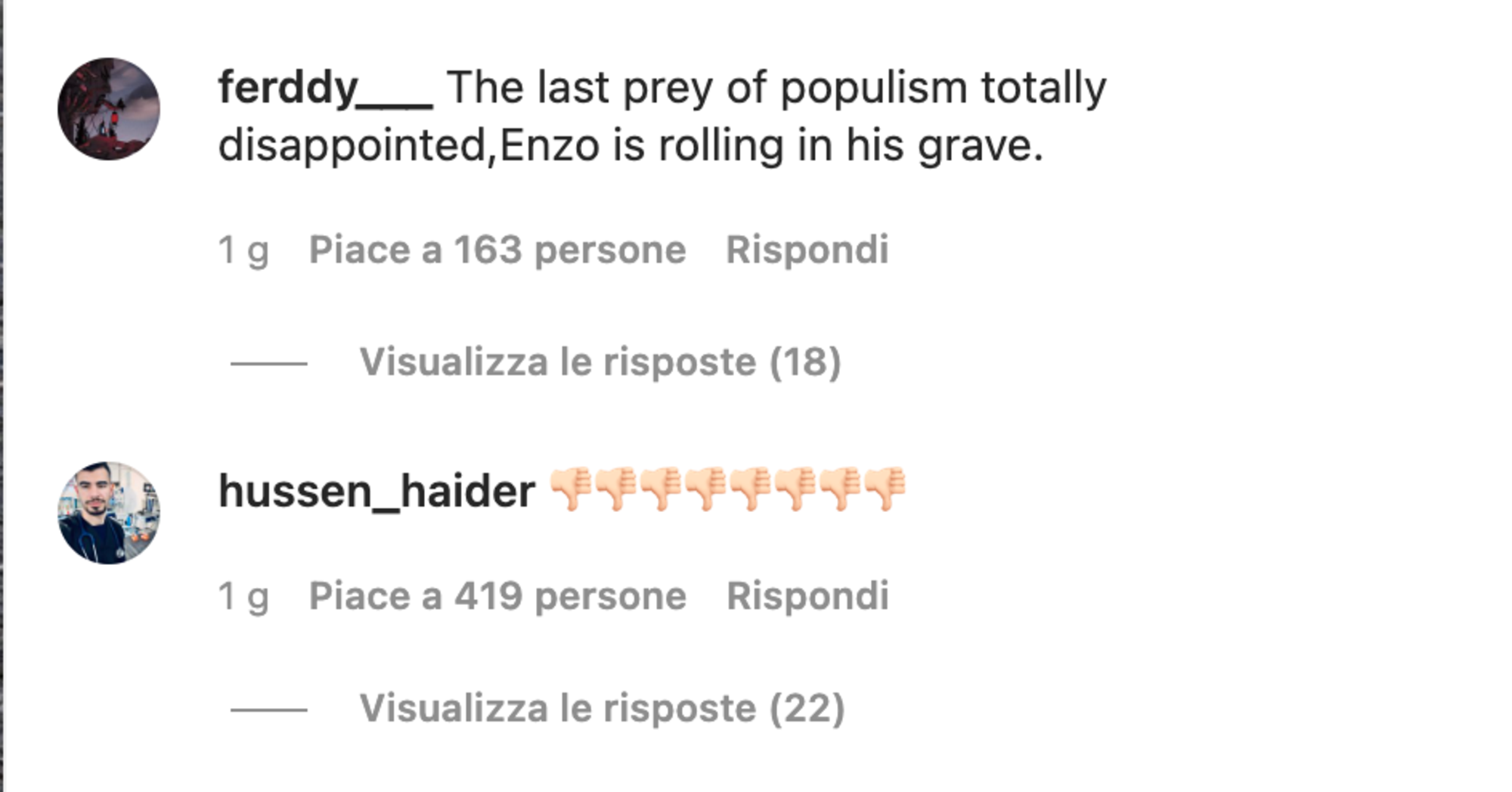 Alcuni dei messaggi omofobi sotto il post LGBTQ+ della Ferrari
