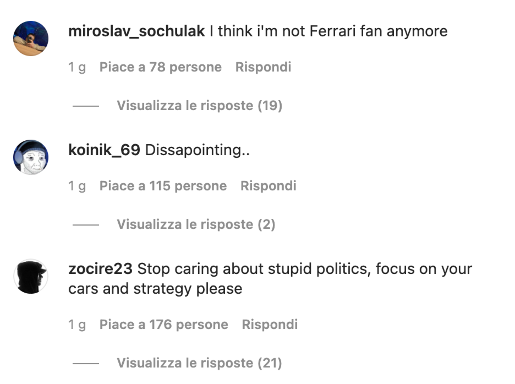 Alcuni dei messaggi omofobi sotto il post LGBTQ+ della Ferrari